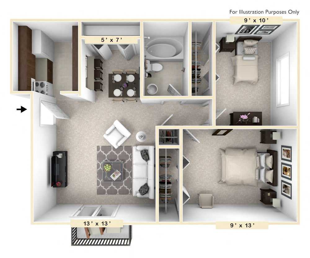 Floor plan for 2 beds, 1 bath, 637 sqft